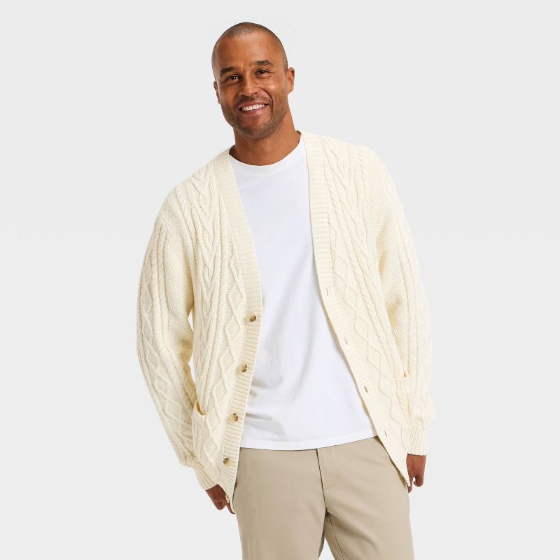 Men's Long Sleeve V-Neck Cardigan Sweater - Goodfellow & Co™ Cream M