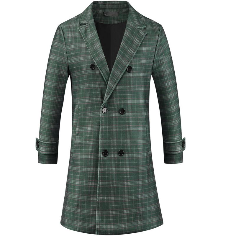 Lars Amadeus Men's Plaid Notch Collar Double Breasted Winter Long Coat Gray X Large