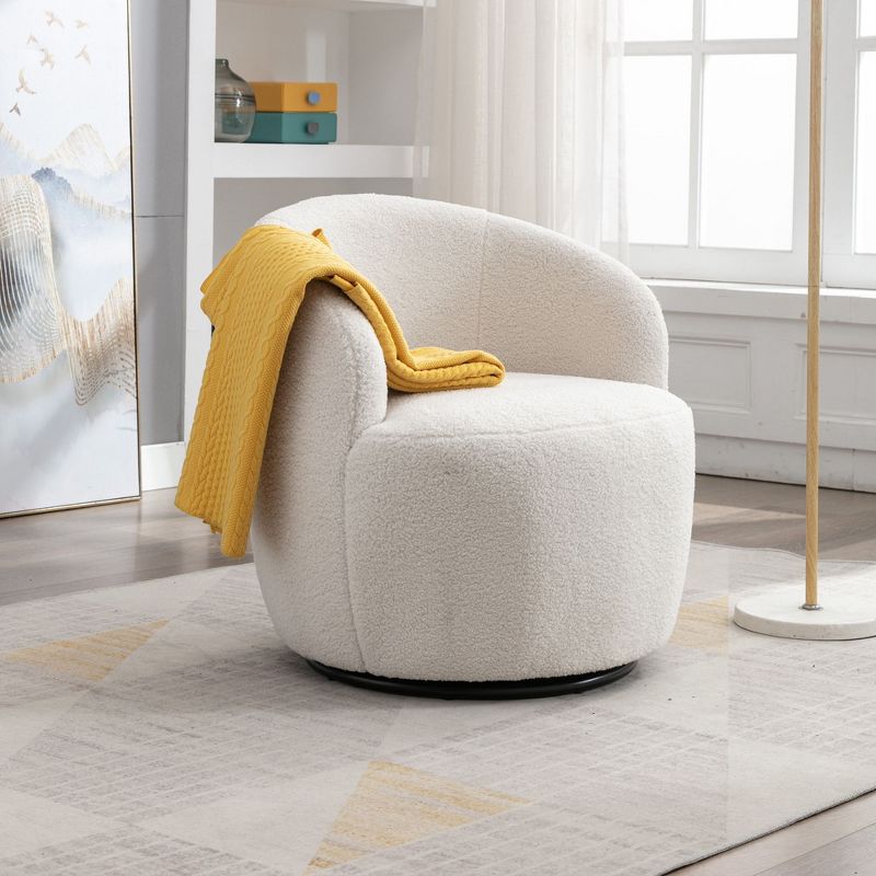 PAGED Modern Swivel Accent Chair, Barrel Sofa Chair with Metal Ring, Teddy Fabric Club Chair for Bedroom, Living Room Furniture, Ivory