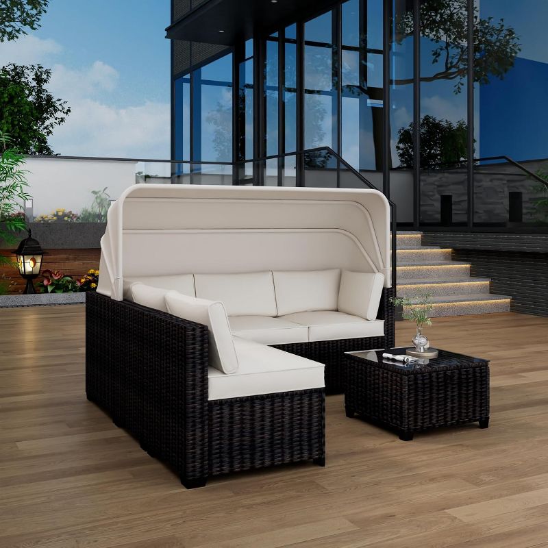 6-Piece PE Rattan Patio Sectional Set, Weather-Resistant Furniture, Retractable Canopy, Adjustable Backrest, Outdoor Sofa for Poolside, Garden