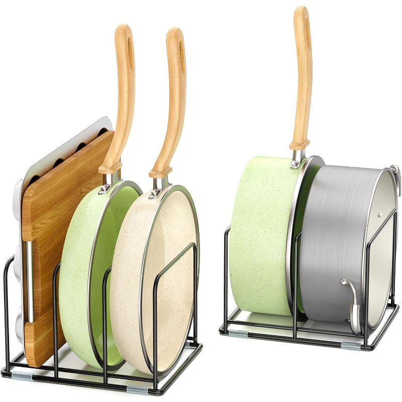 Pan and Pot Organizer, In-Cabinet Frying Pan Kitchen Storage Tray Organizer - 5 Compartments Total (2 Pieces)