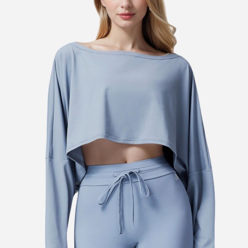 Anna-Kaci Active Women's Cropped Long Sleeve Pullover with Wide Boat Neck - Large, Light Blue