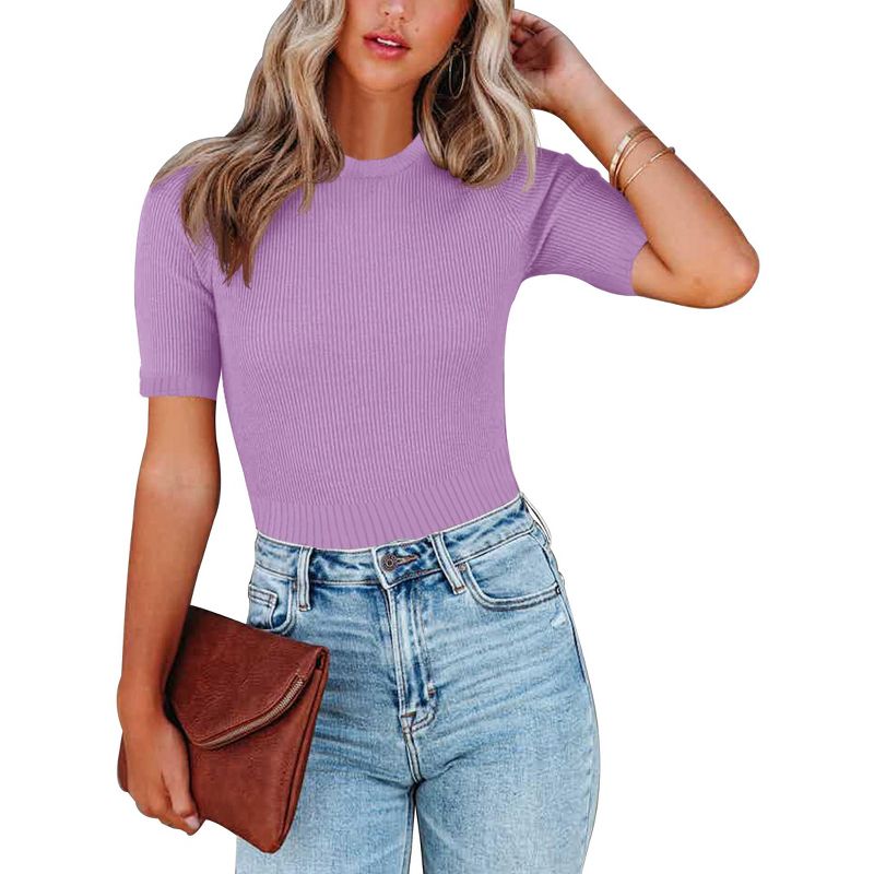 Coolmee Women's Casual Cropped Tops Sweater Knit Basic Going Out Slim Fit Short Sleeve Crew Neck Tight T Shirts XL Purple