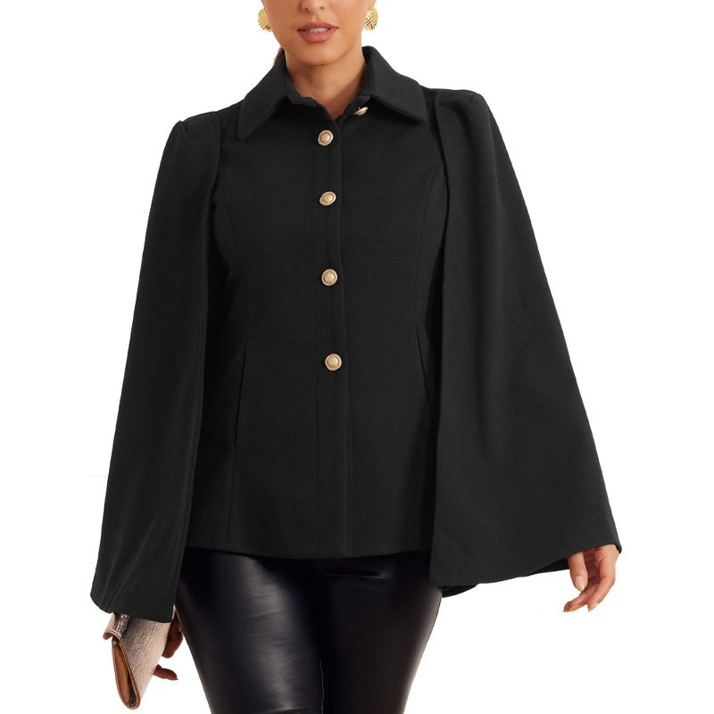 Allegra K Women's Turnover Collar Split Sleeve Button Front Casual Workwear Cape Jacket Black Small