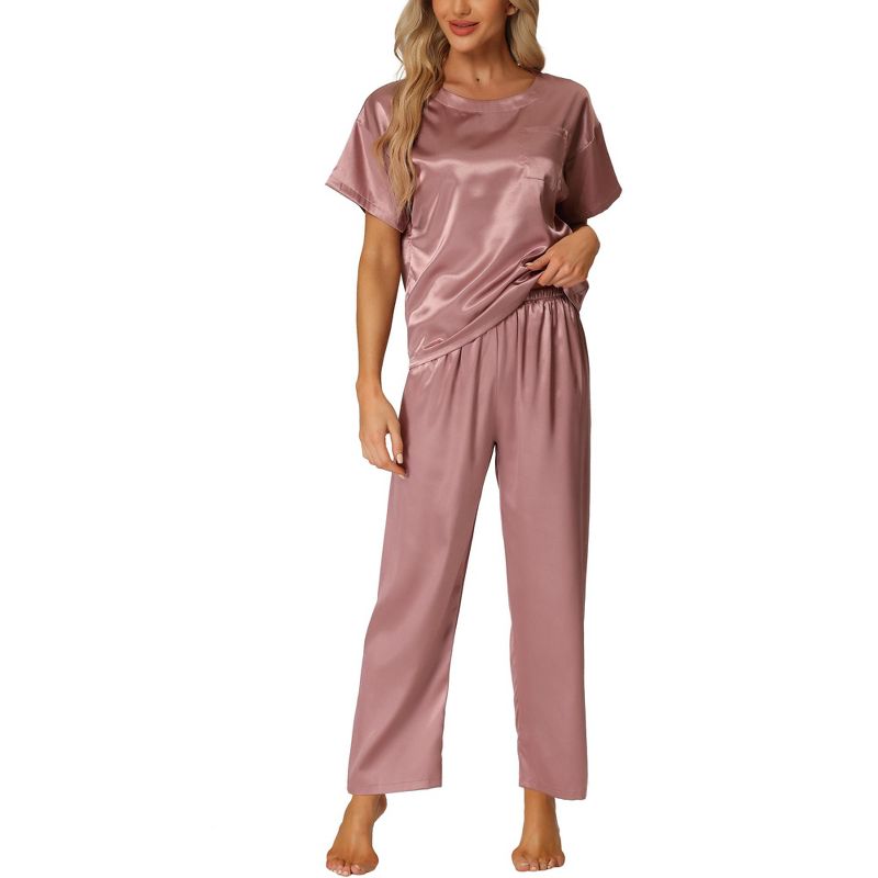 cheibear Women's Satin Summer Short Sleeves Sleepshirt with Pants Lounge Pajamas Sets Purple Large