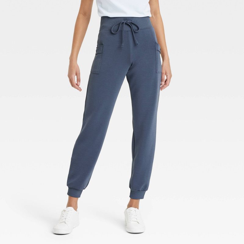 Women's Cargo Joggers with Side Pockets - A New Day™ Navy Blue L: Relaxed Fit, High Rise, Drawstring Waist, Ribbed Cuff