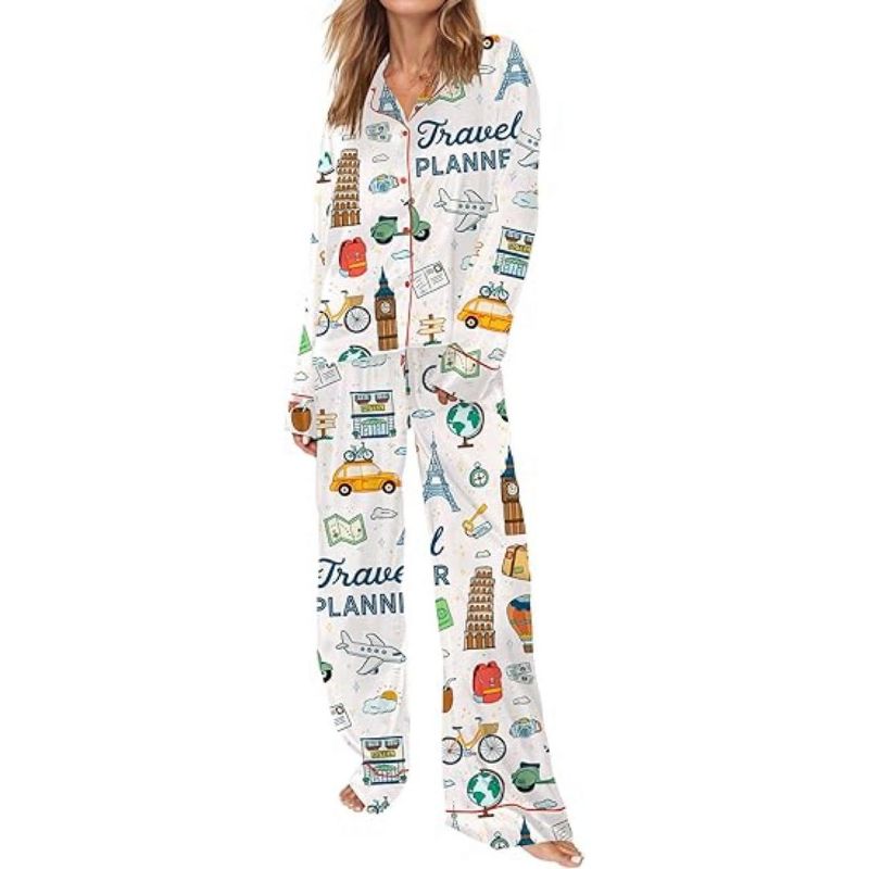 SHESHOW Womens Pajama Sets Long Sleeve Button Down Silky Pjs Travel Print Satin Pajama Set for Women 2 Piece