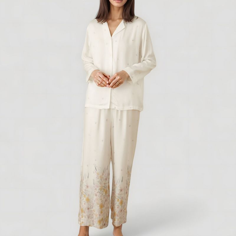 Anna-Kaci Lounge Women's Floral Hem Pajama Set with Long Sleeve Top and Relaxed Fit Wide Leg Pants - Medium, White