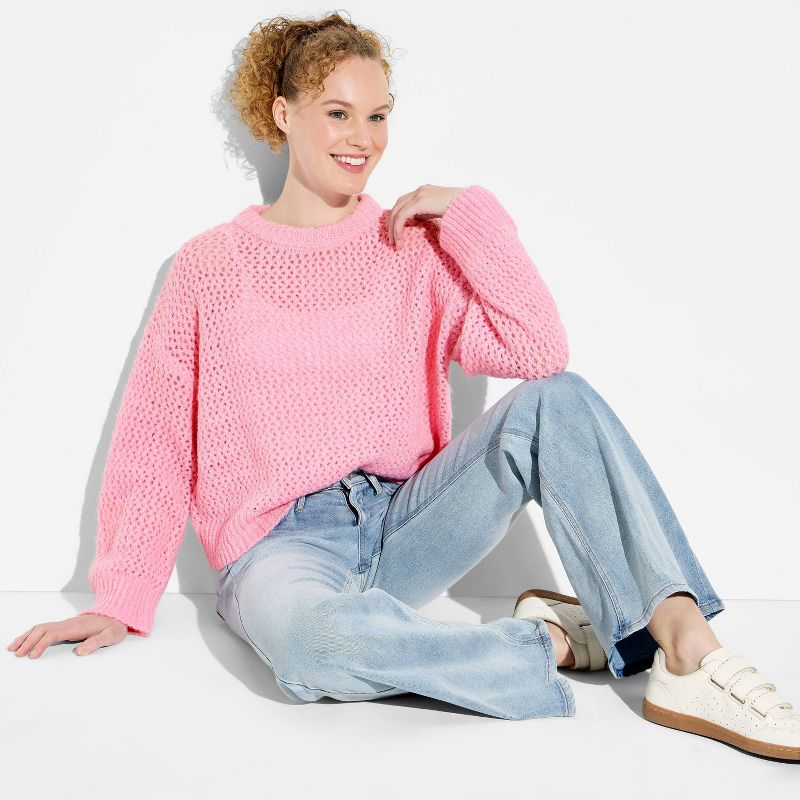 Women's Openwork Crewneck Pullover Sweater - Wild Fable™ Pink S