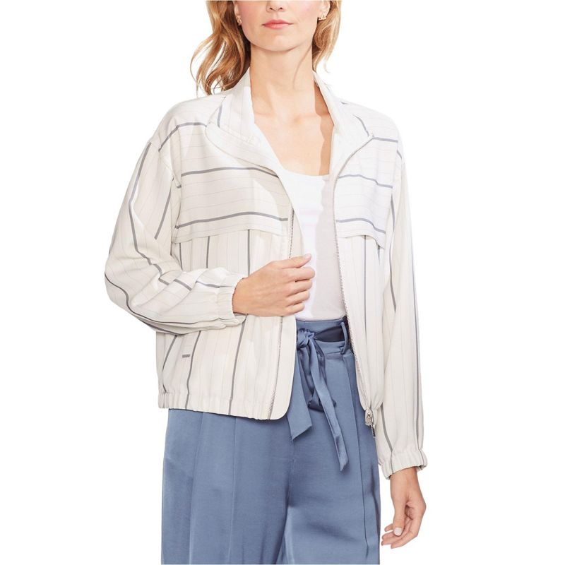 Vince Camuto Womens Striped Bomber Jacket, white, X-Large