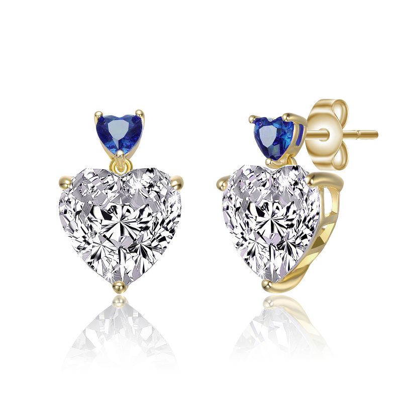 Guili Sterling Silver 14k Gold Plated Two-Stone Heart Dangle Earrings with Colored Cubic Zirconia, Elegant & Versatile for Any Occasion