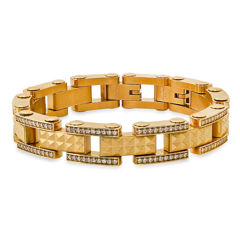 Steeltime Men's 18k gold plated stainless steel and simulated diamonds pyramid stud pattern link bracelet. Color Options: Silver, Gold