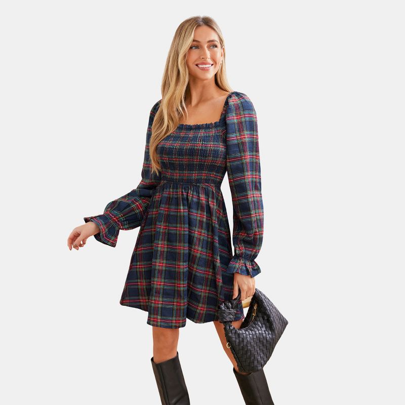 Women's Chic Navy Plaid Square Neck Mini Dress - Cupshe-XL-Blue