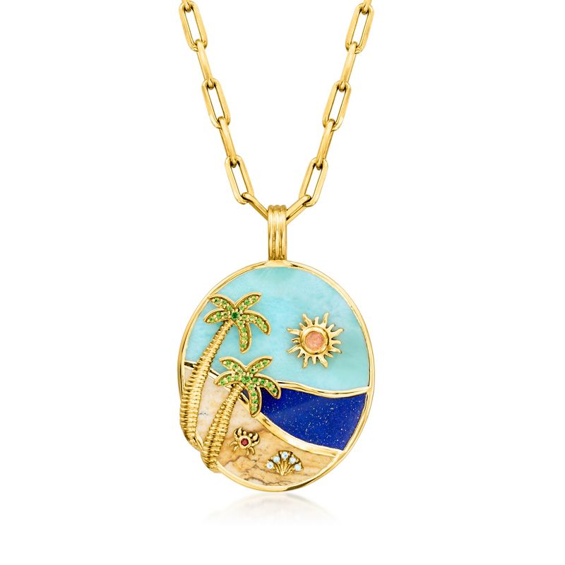 Ross-Simons 0.26 ct. t.w. Multi-Gemstone Beach Pendant Paper Clip Link Necklace in 18kt Gold Over Sterling Size 20