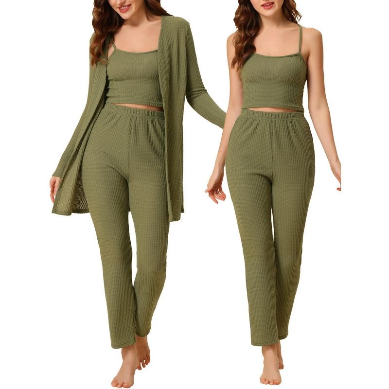 cheibear Womens Knit Lounge Sleepwear Pants Shrug Cardigan 3ps Pajama Set Green XS