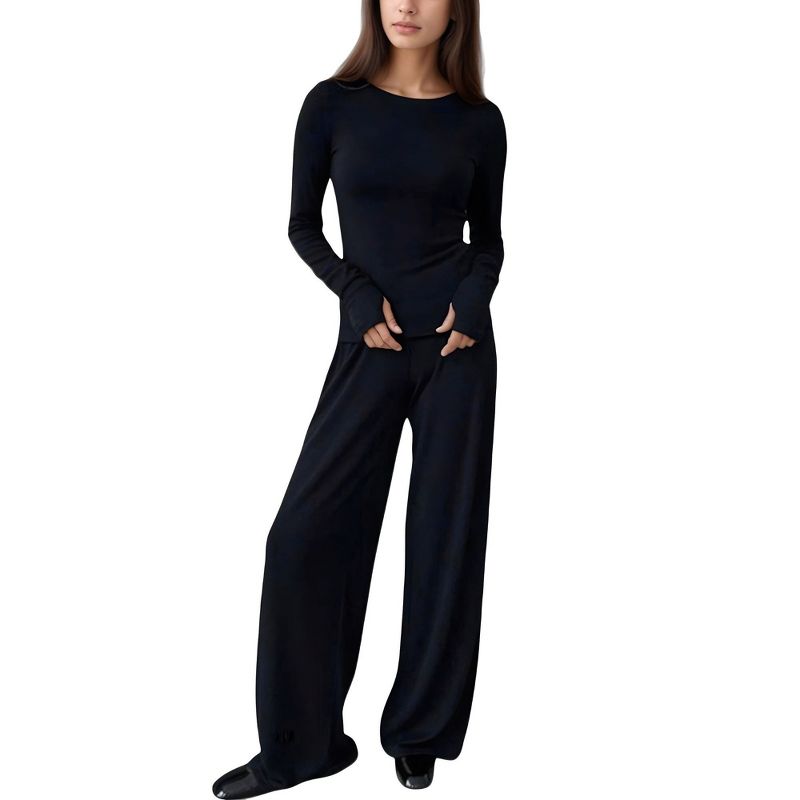 Anna-Kaci Lounge Women's Long Sleeve Woven Pajama Set with Fitted Crew Neck Top and Wide Leg Pants - Medium, Black