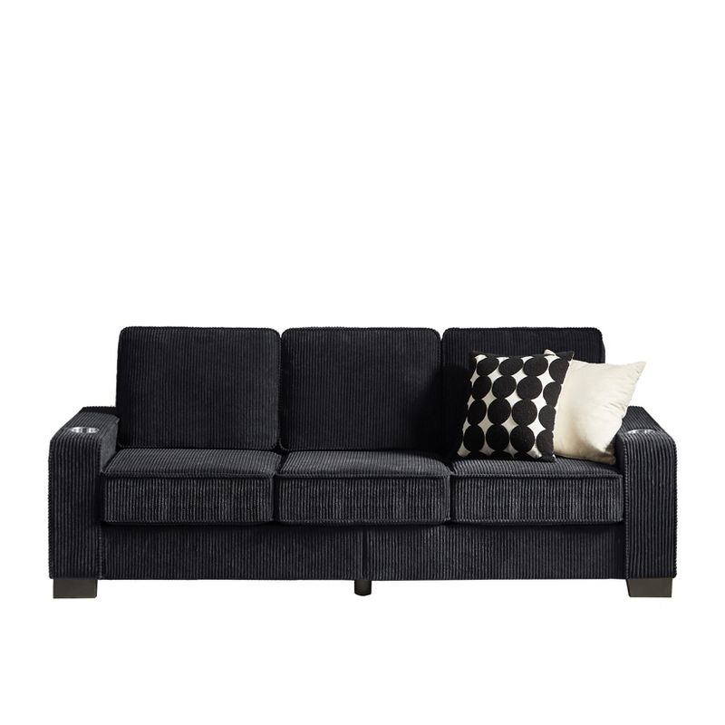 TiramisuBest 83.86" Corduroy Fabric Sofa, Modern Compressed 3-Seater Couch with Cup Holders, Living Room/Bedroom/Office Furniture, Black