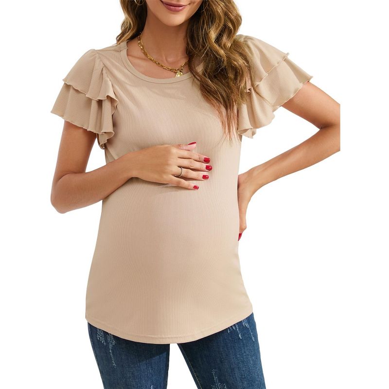 Coolmee Women's Maternity Shirts Nursing Tops Flying Short Sleeve Breastfeeding Tees Lightweight Side Ruched Pregnancy Clothes S Apricot