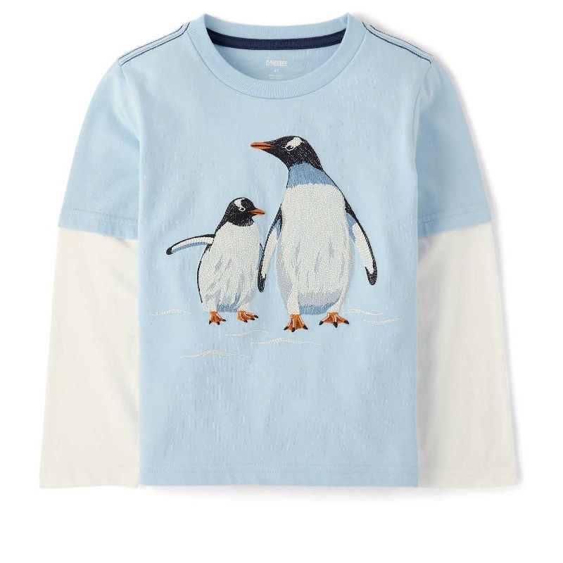Gymboree Boys Long Sleeve Embroidered Penguin Layered Top - First Frost Blue 10