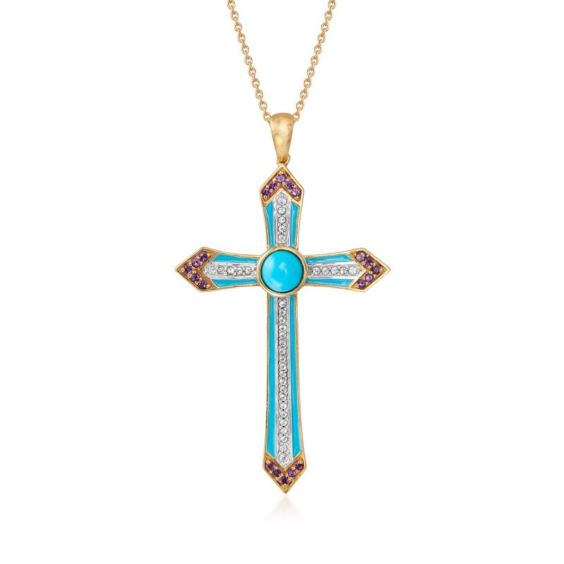 Ross-Simons Turquoise, .30 ct. t.w. Amethyst and .30 ct. t.w. White Topaz Cross Pendant Necklace With Enamel in 18kt Gold Over Sterling Size 20