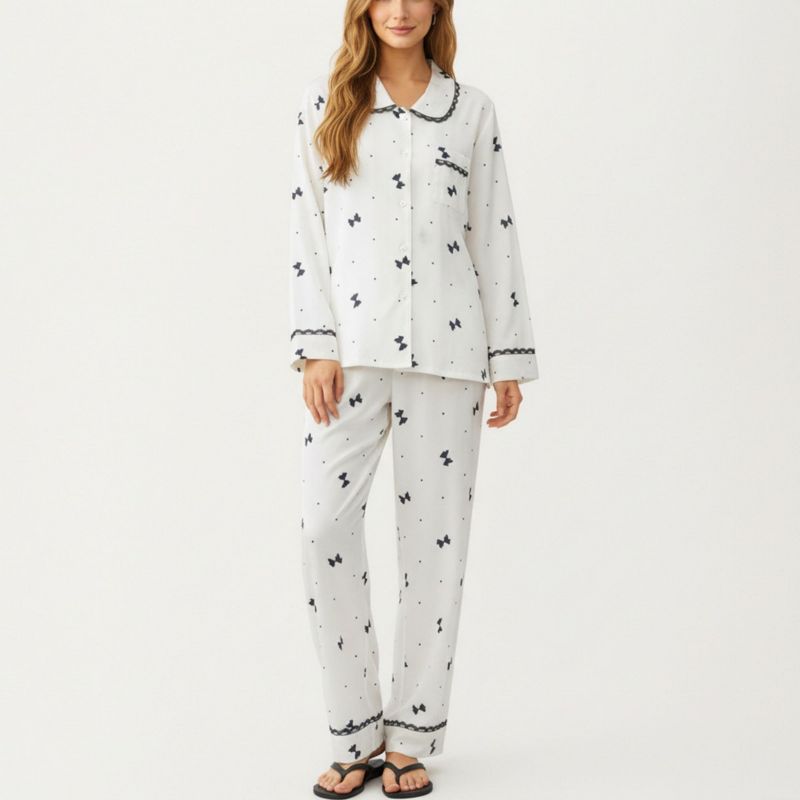 Anna-Kaci Lounge Women's 2-Piece Set Printed Button Front Pajama Top with Contrast Trim and Matching Relaxed Fit Elastic Waist Pants - Medium, White