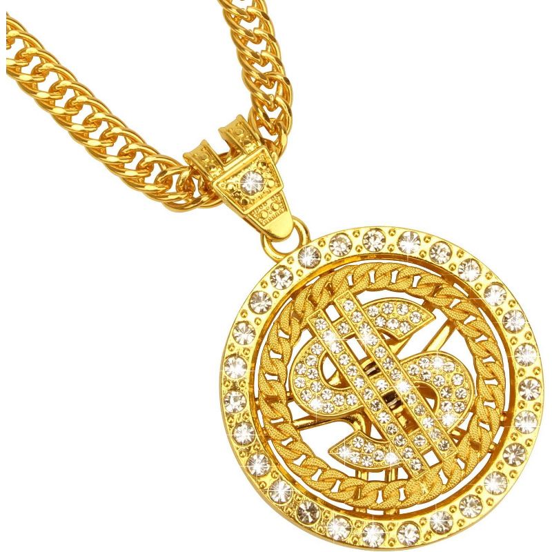 18K Gold Hip Hop Necklace for Men - Dollar Sign & Lion Head Pendant, 30 Inch