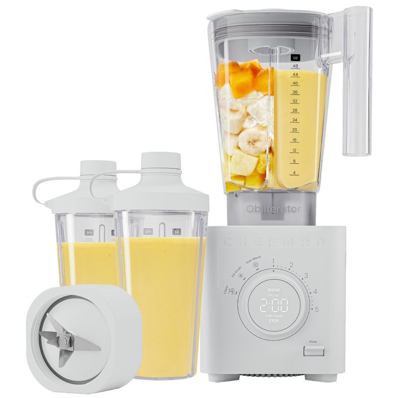 Chefman Obliterator 48oz Countertop Blender, Two 20oz Travel Jars and Tamper/Scraper – White