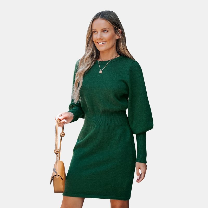 Women's Cozy Emerald Green Knit Blouson Sleeve Sweater Dress -Cupshe-M-Green