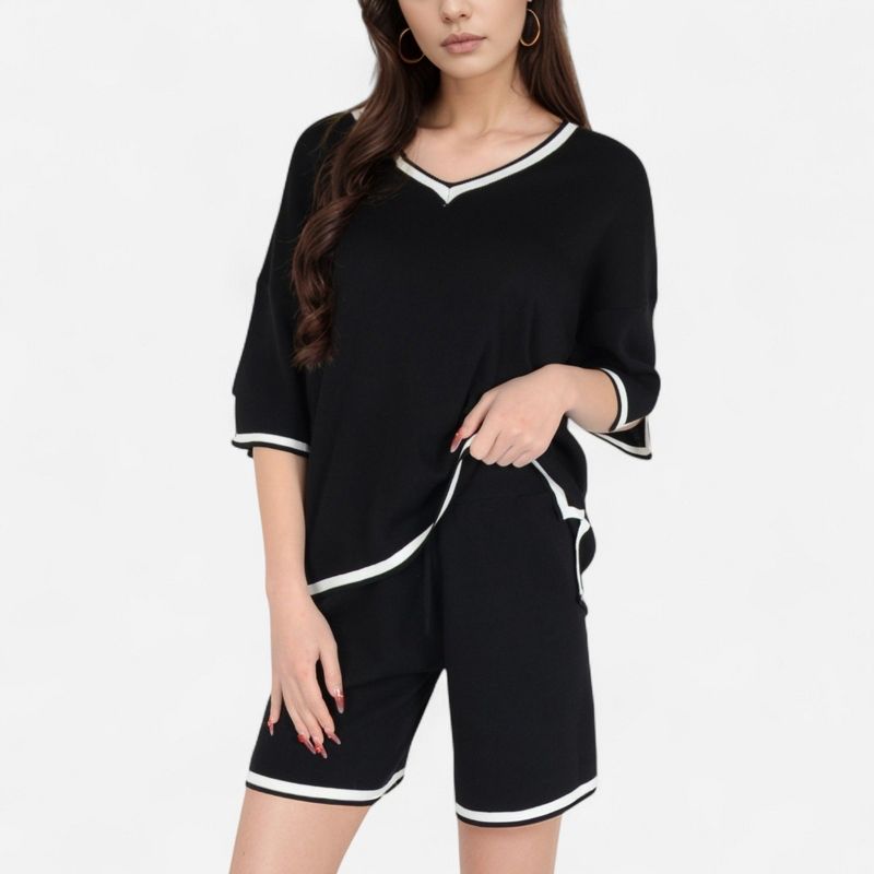 Anna-Kaci Lounge Women's Knit Lounge Set with V-Neck Top and Drawstring Shorts Featuring Contrast Trim - Black, X Large