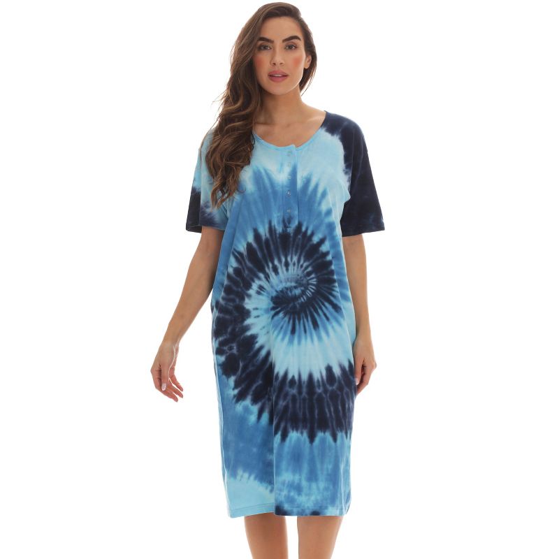 Just Love Womens Nightgown - Tie Dye Short Sleeve Henley Oversized Sleepwear Gown