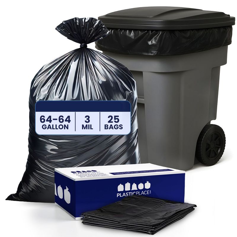 Plasticplace Toter Compatible Trash Bags, 64 Gallon, Black (25 Count)