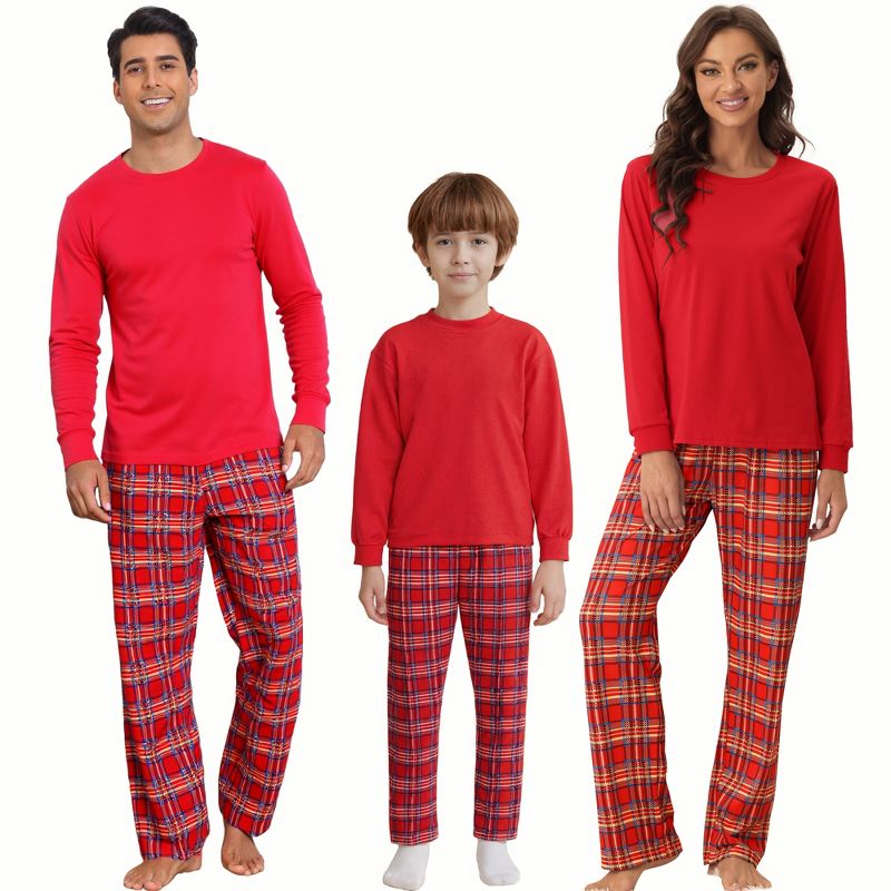 cheibear Christmas Long Sleeve Solid Tops Tee with Plaid Pants Family Pajama Sets Red Red Women's Small