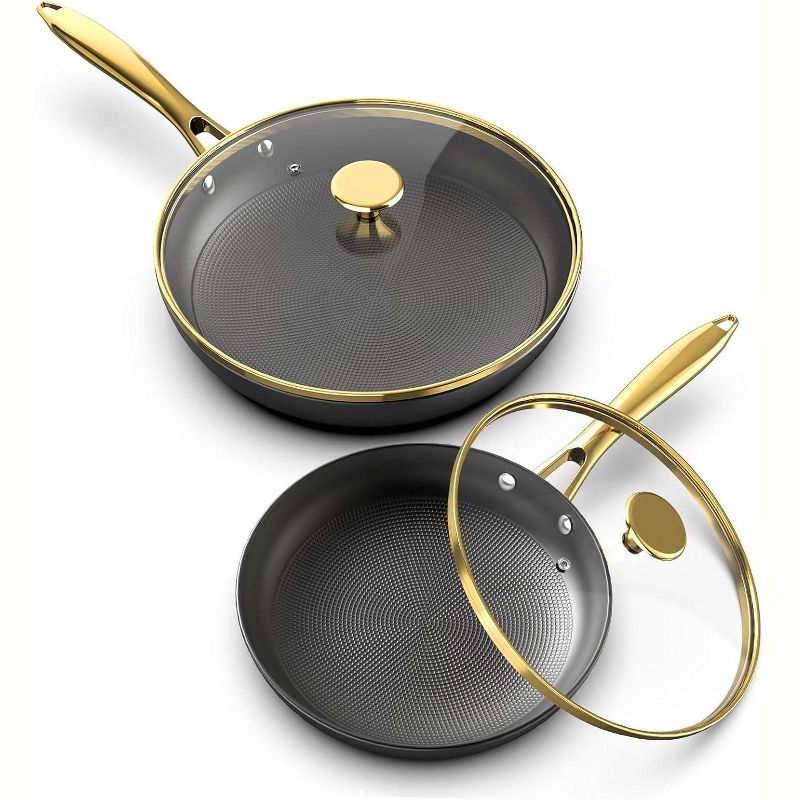 Imarku Professional Nonstick Frying pans with Lid, 2Pcs - 10&12 Inch Non Stick Frying Pans, Honeycomb Even Heat Conduction, Kitchen Essentials