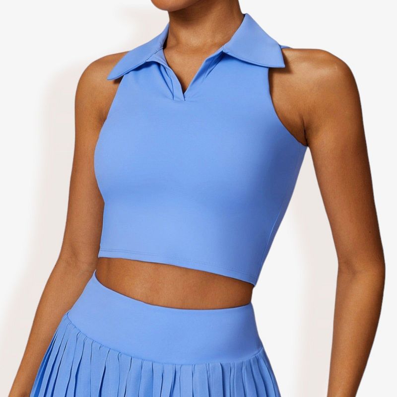 Anna-Kaci Active Women's Sleeveless Polo Crop Top with Collared Neckline and Stretch Fabric- Large, Blue