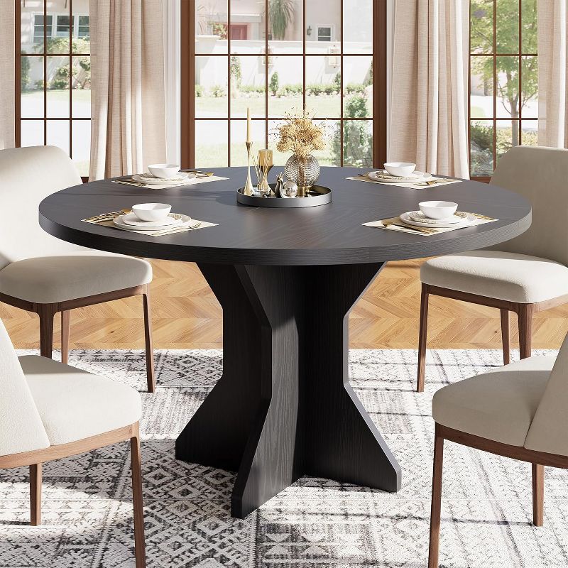 Round Dining Table for 4-6 People,47" Circle Kitchen Dinner Table with Sturdy Pedestal Base,Small Spaces Dinning Room Furniture for Living Room,Black