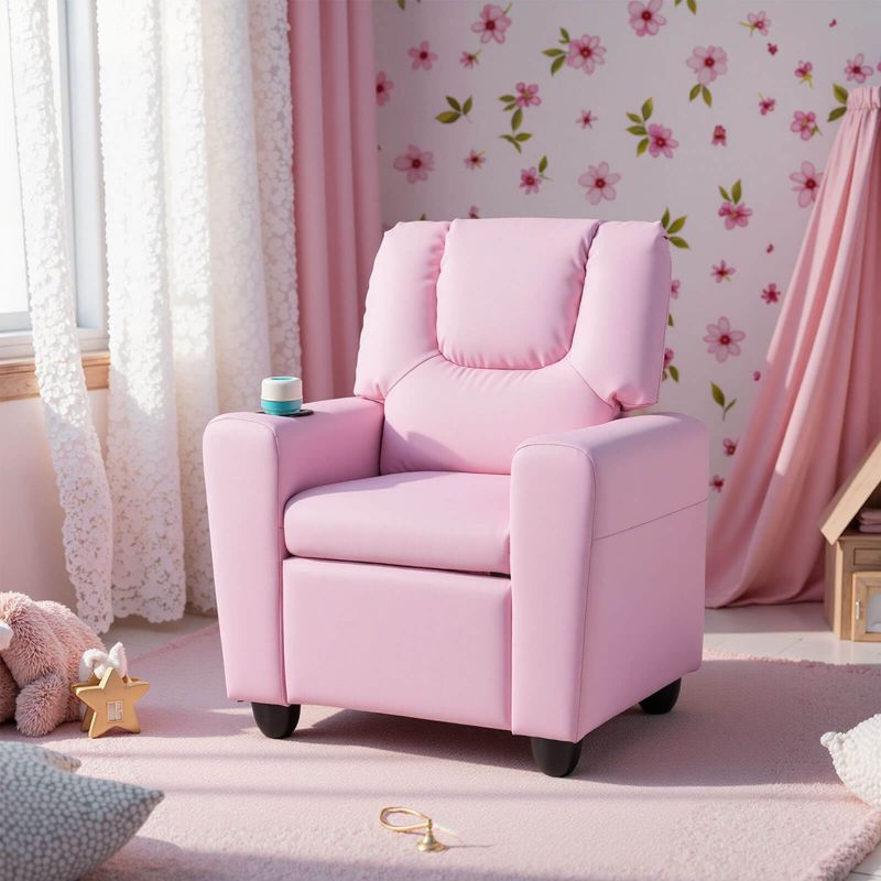 Costway Kids Recliner Armchair Children's Furniture Sofa Seat Couch Chair w/Cup Holder Pink