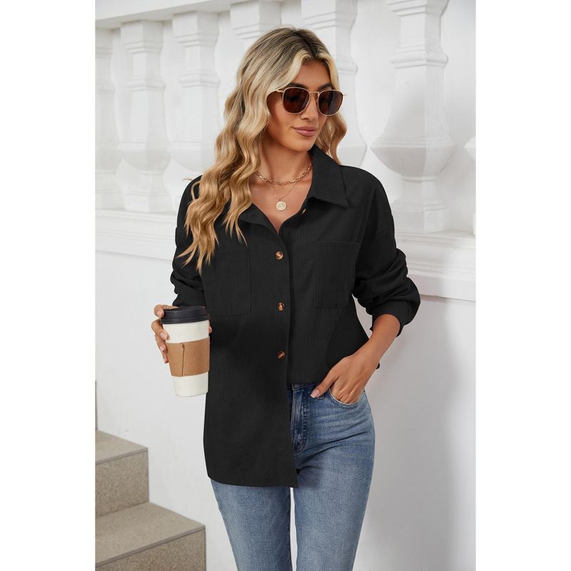 Clearlove Women's Corduroy Shirt Jacket Long Sleeve Pocket Button Down Collared Fall Outerwear Black L