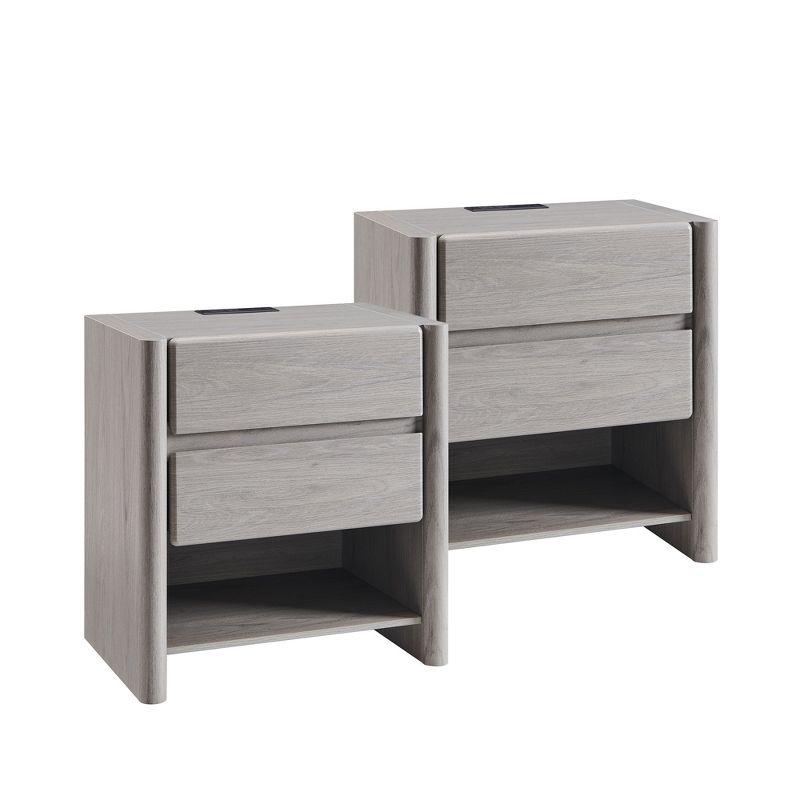 Night Stands Set 2 with Charging Station, Nightstand with Rounded Corner Design, 23.6" W Modern Nightstand for Bedroom, Sofa Side, Light Grey
