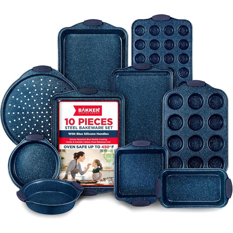 BAKKEN Kitchen Baking Pan Set - Nonstick Coating, Carbon Steel Bakeware Sets with Blue Silicone Handles, Oven Safe Tray (Up To 450° F), Set of 10